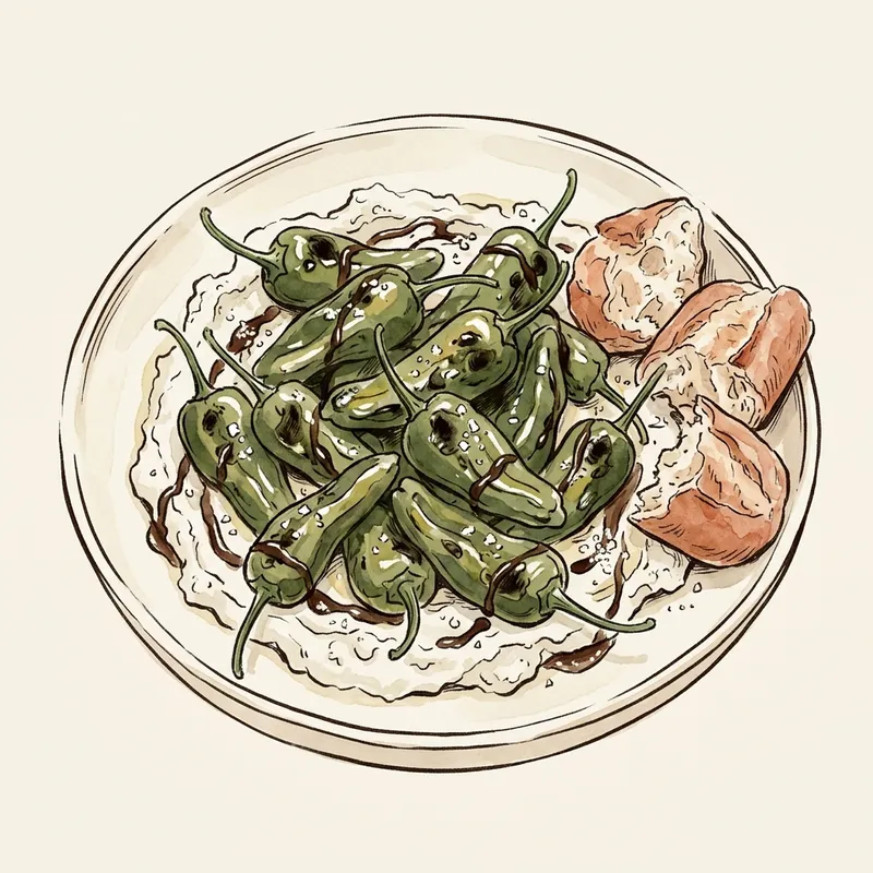 Illustration de Piments Padrón grillés, feta fouettée et miel à l'ail noir