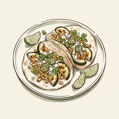Illustrated depiction of Charred Zucchini & Sweet Corn Tacos