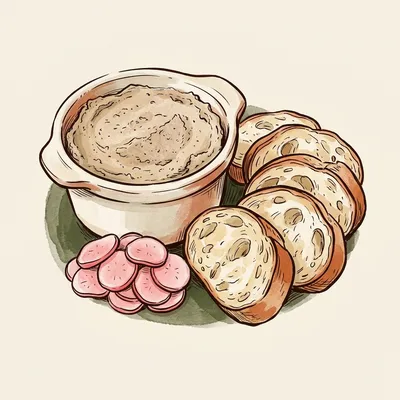 Illustrated depiction of Cretons with Crusty Baguette & Pickled Radishes
