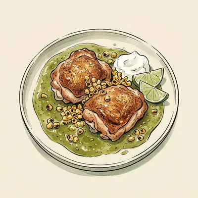 Illustration de Cuisses de poulet croustillantes, salsa verde aux tomatilles grillées et maïs
