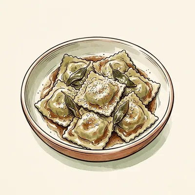 Illustrated depiction of Homemade Eggplant & Roasted Red Pepper Ravioli