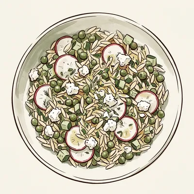 Illustration de Salade d'orzo printanière au citron, feta, pois et radis