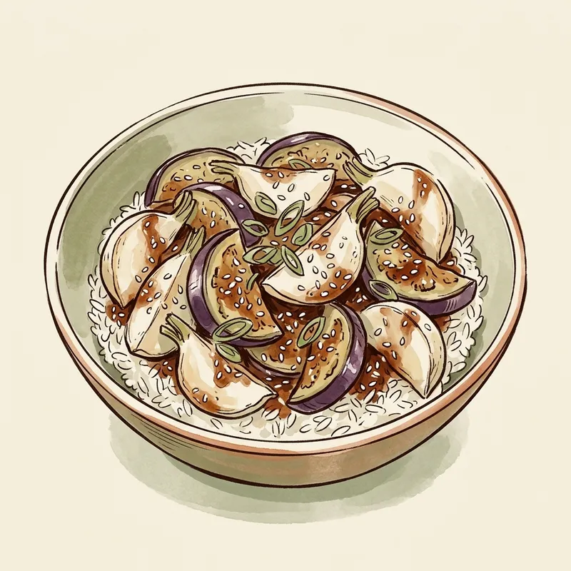Illustrated depiction of Japanese-Inspired Miso Glazed Turnips & Eggplant