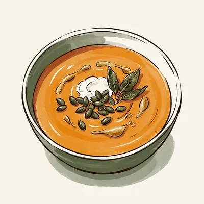 Illustration de Soupe au potimarron et au bébé gingembre, graines de citrouille au beurre noisette