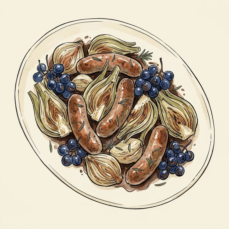 Illustration de Saucisses italiennes rôties aux raisins, au fenouil et aux cipollini