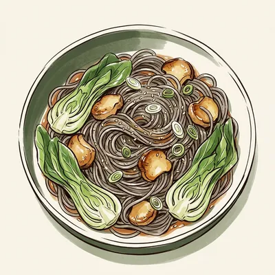 Illustrated depiction of Stir-Fried Bok Choy & Mushroom Soba Noodles