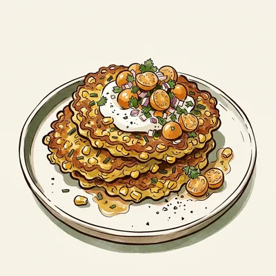 Illustration de Beignets de maïs et ciboulette, salsa aux cerises de terre